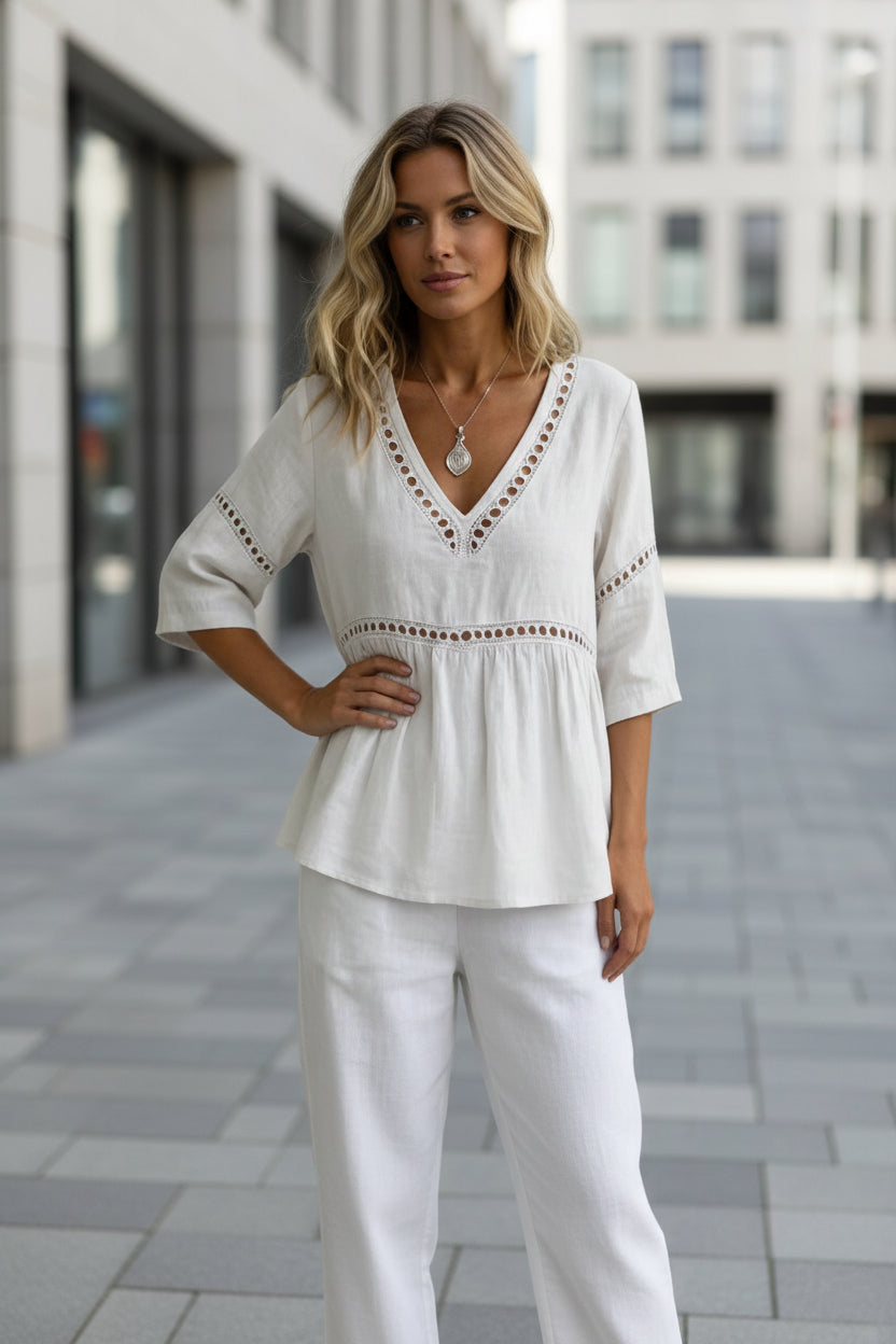 Women's V-Neck Hollow-Out Fringe Cotton-Linen Top