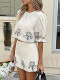 Women's Floral Embroidered Two-Piece Set – Crop Top & Mini Skirt with Scalloped Hem