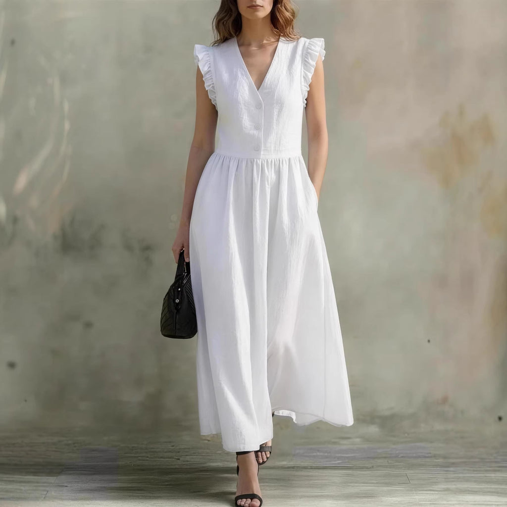 V-Neck Puff-Sleeve Dress with Pockets – Cotton Linen, 7 Colors