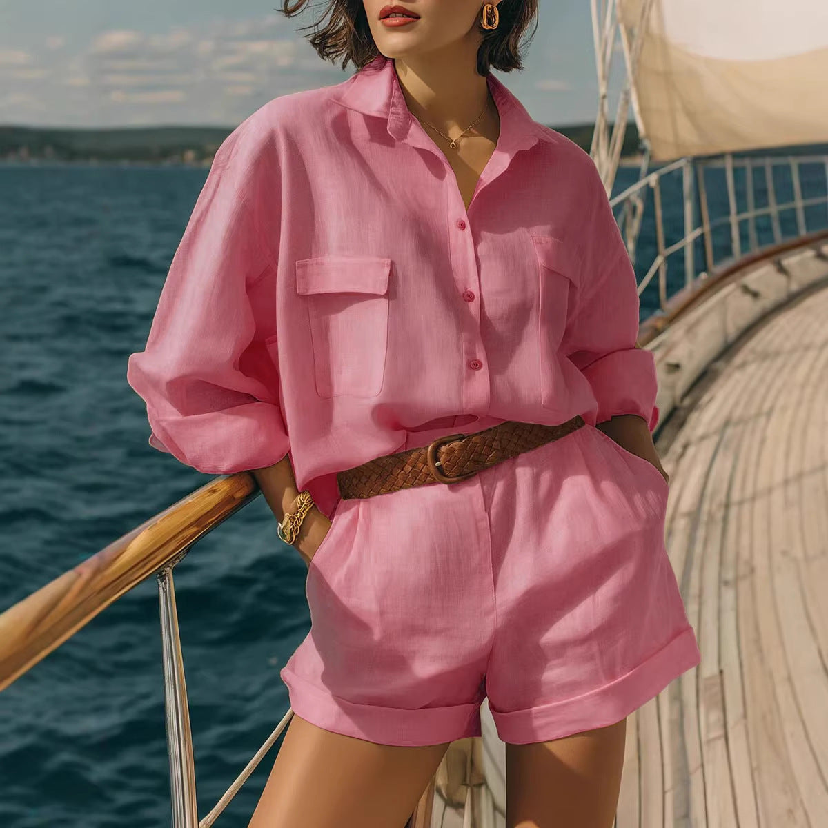 Cotton-Linen Loose-Fit Button-Down Shirt and Shorts Casual Set