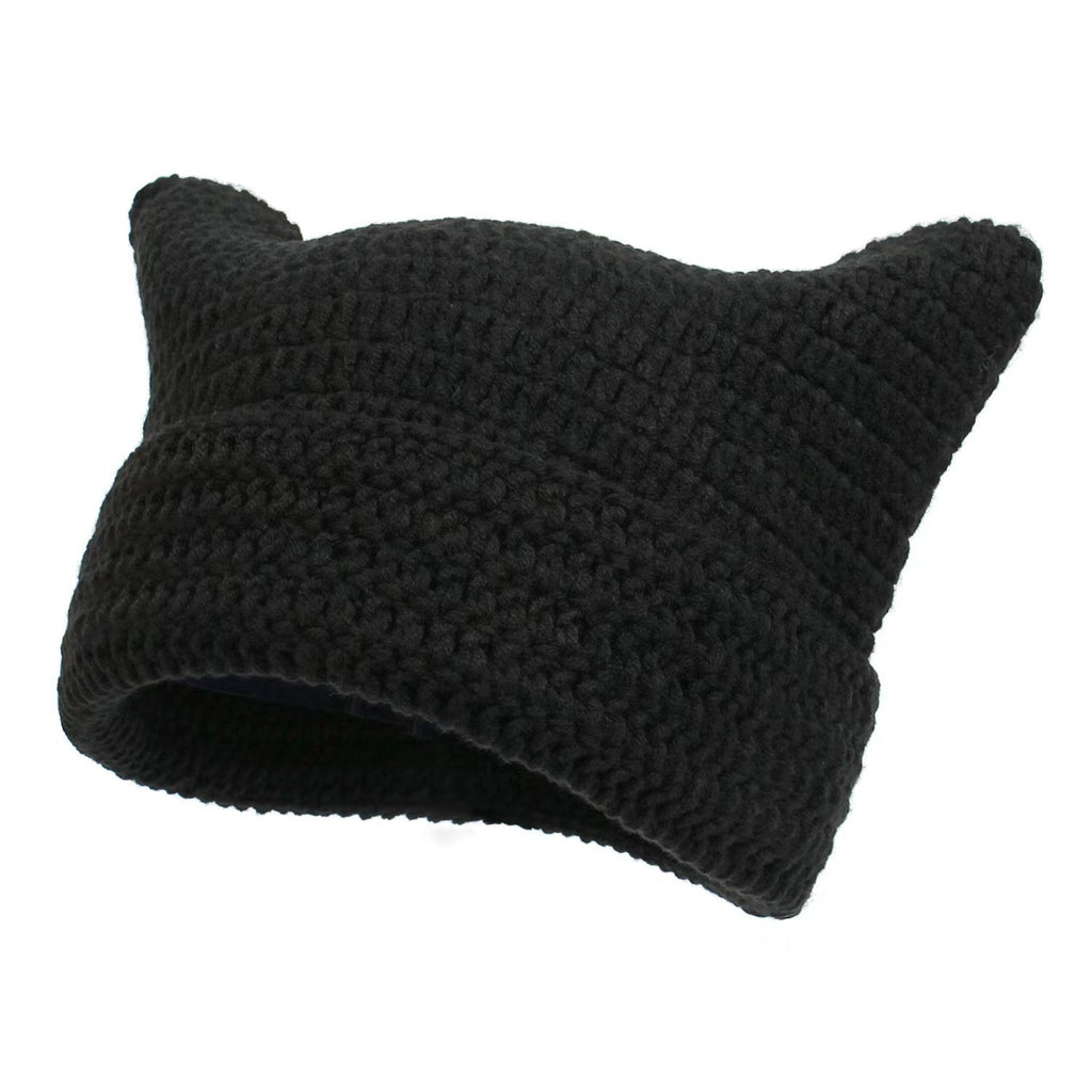 Women’s Hand Knitted Striped Cat Hat – Cute Warm Winter Beanie