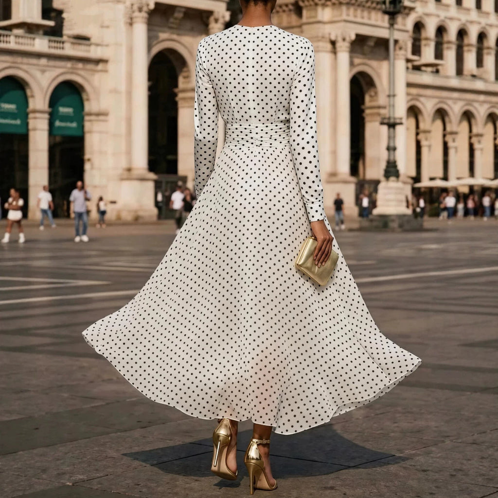 Round Neck Long Sleeve Polka Dot Sheath Dress