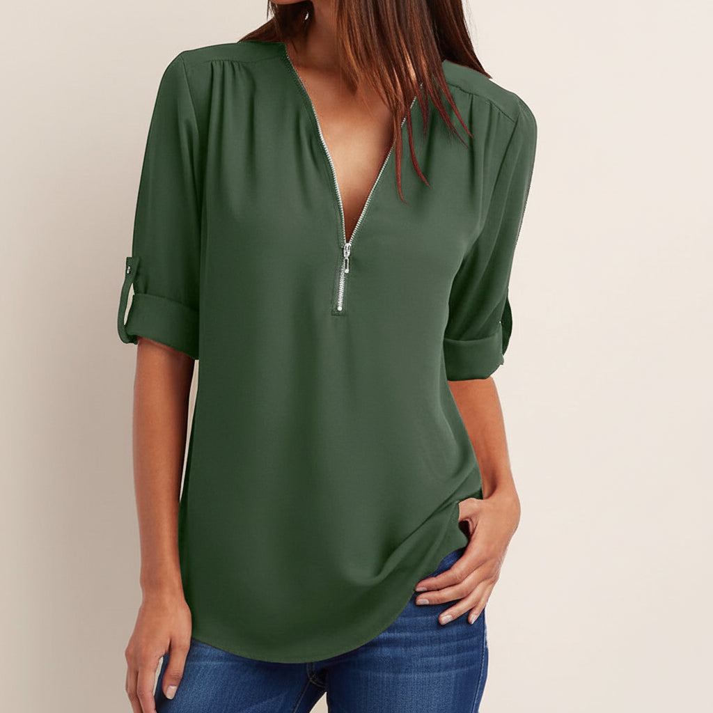 Women's Short-Sleeve Zip V-Neck Loose Top