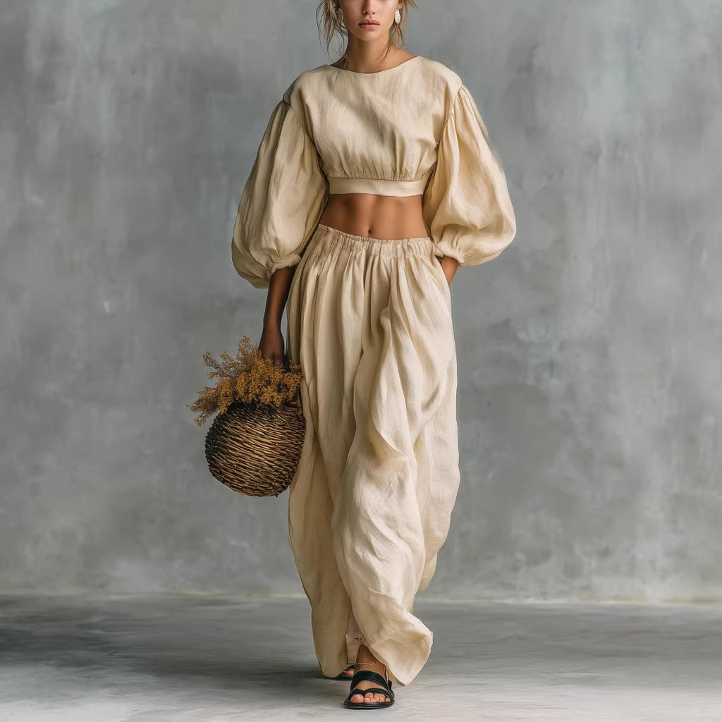 Women's Puff-Sleeve Crew-Neck Two-Piece Set with Pockets