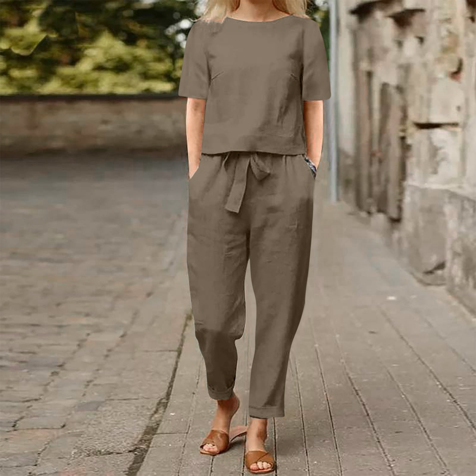 Wide-Leg Pants Two-Piece Set – Solid Color Casual Lounge Suit