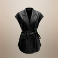 Women's Sleeveless PU Leather Vest Jacket – Suit Collar Tie-Up Waist Outerwear