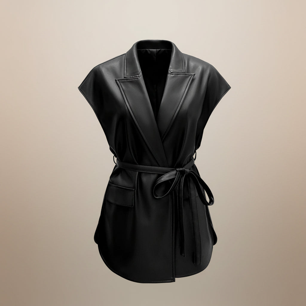 Women's Sleeveless PU Leather Vest Jacket – Suit Collar Tie-Up Waist Outerwear