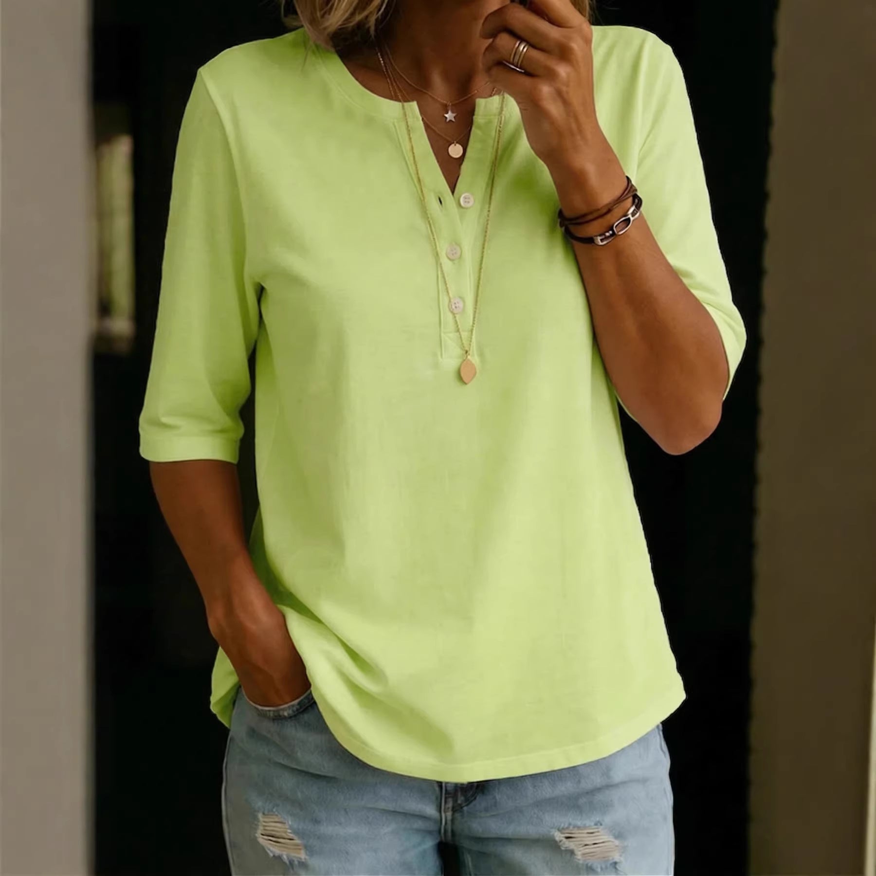 Women's Solid Color Henley Button-Up Short Sleeve Top