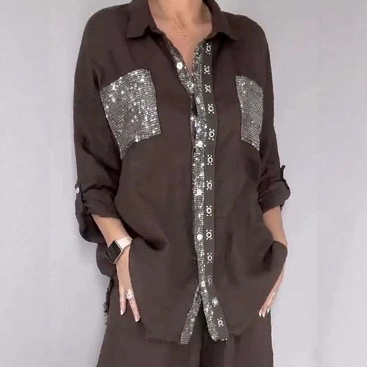 Women's Sequin Pocket Button-Up Shirt & Wide-Leg Pants Set