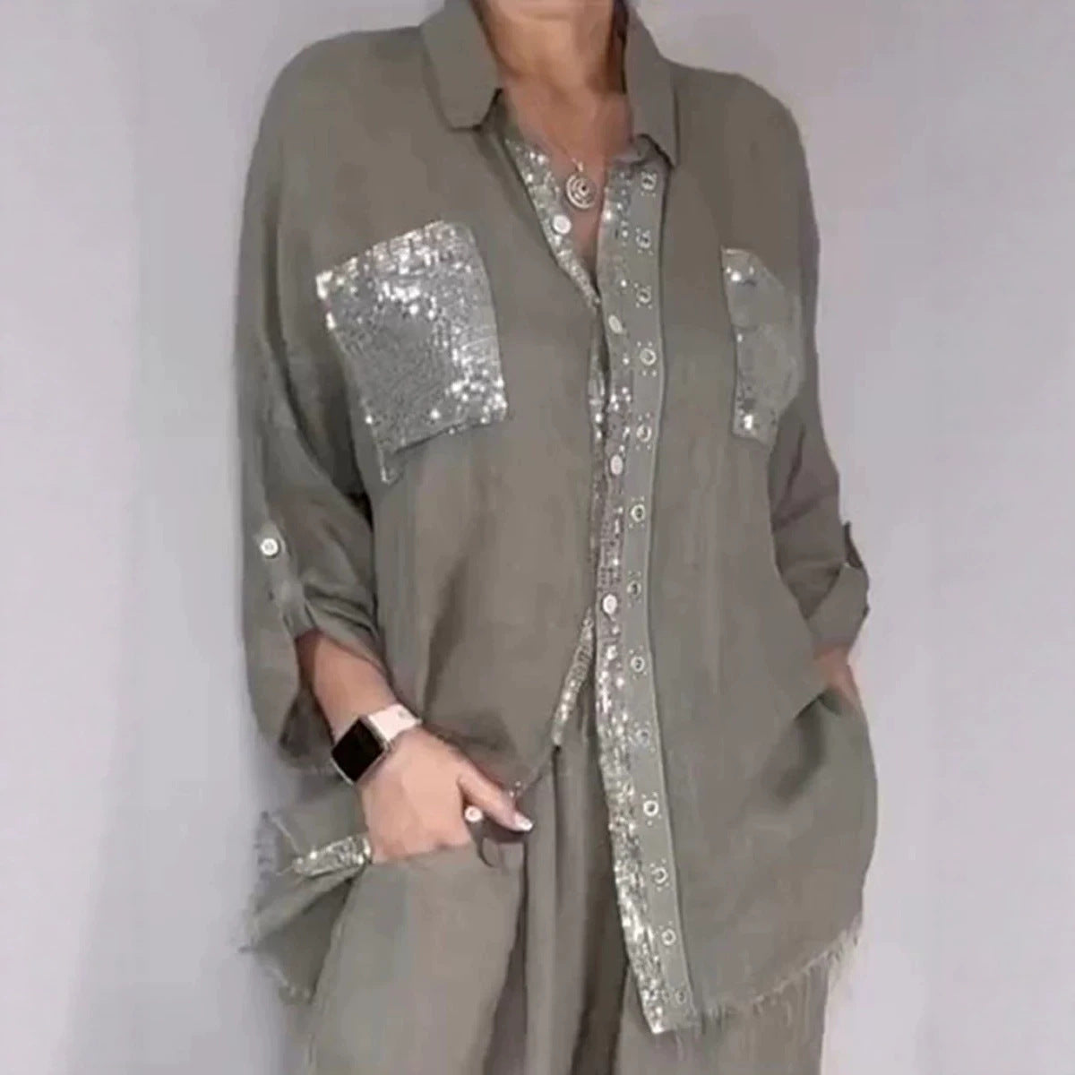 Women's Sequin Pocket Button-Up Shirt & Wide-Leg Pants Set