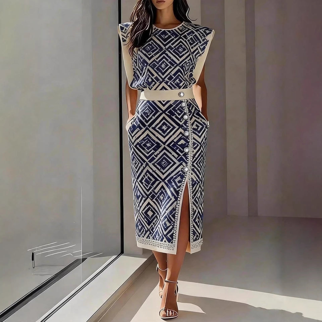 Women's Printed Sleeveless Top & Slit Maxi Skirt Set | Elegant 2-Piece in 3 Colors