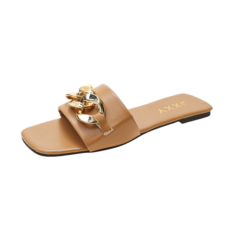 Sandalias de mujer diseño de cadena dorada puntera cerrada sin cordones zapatos mules tacón plano cabeza cuadrada chanclas casuales pantuflas de verano sandalias planas puntera abierta cadena de metal de cuero PU chanclas