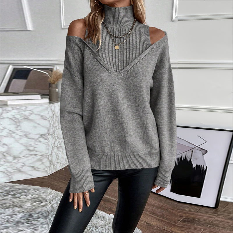 Women’s Elegant Off-Shoulder Turtleneck Sweater — Long Sleeve Knit Top
