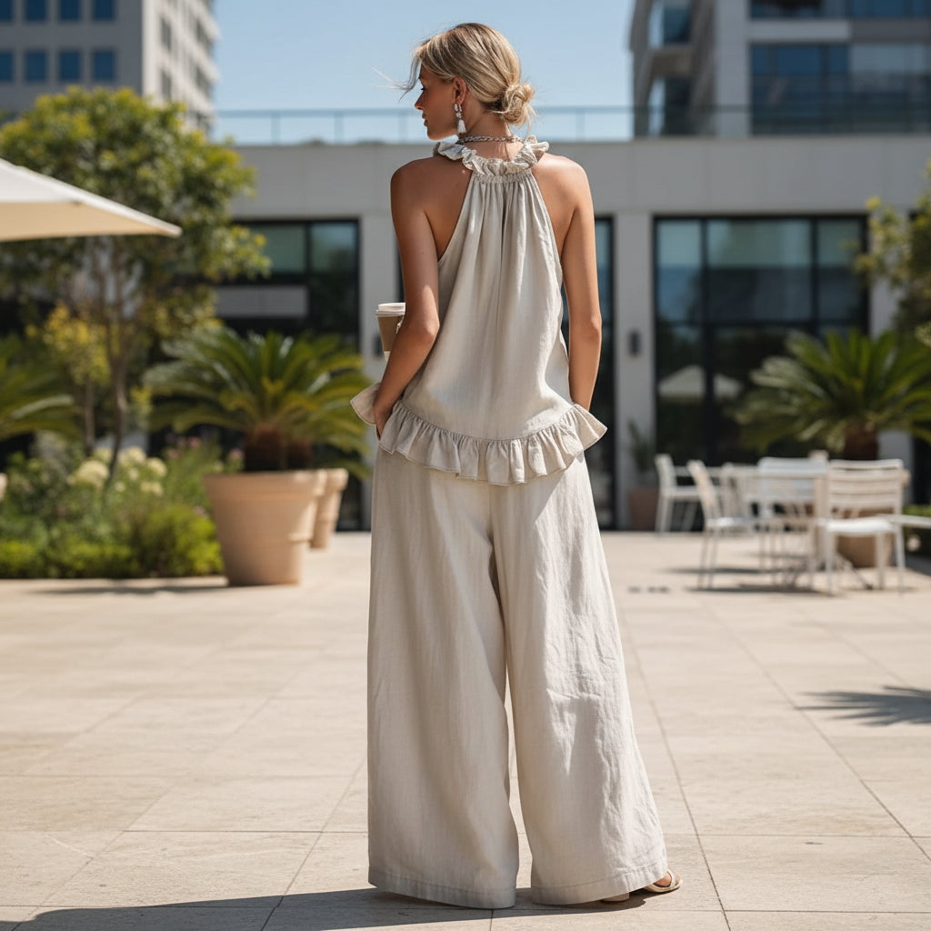 Halterneck Loose Two-Piece Set | Pleated Asymmetric Pocket Set
