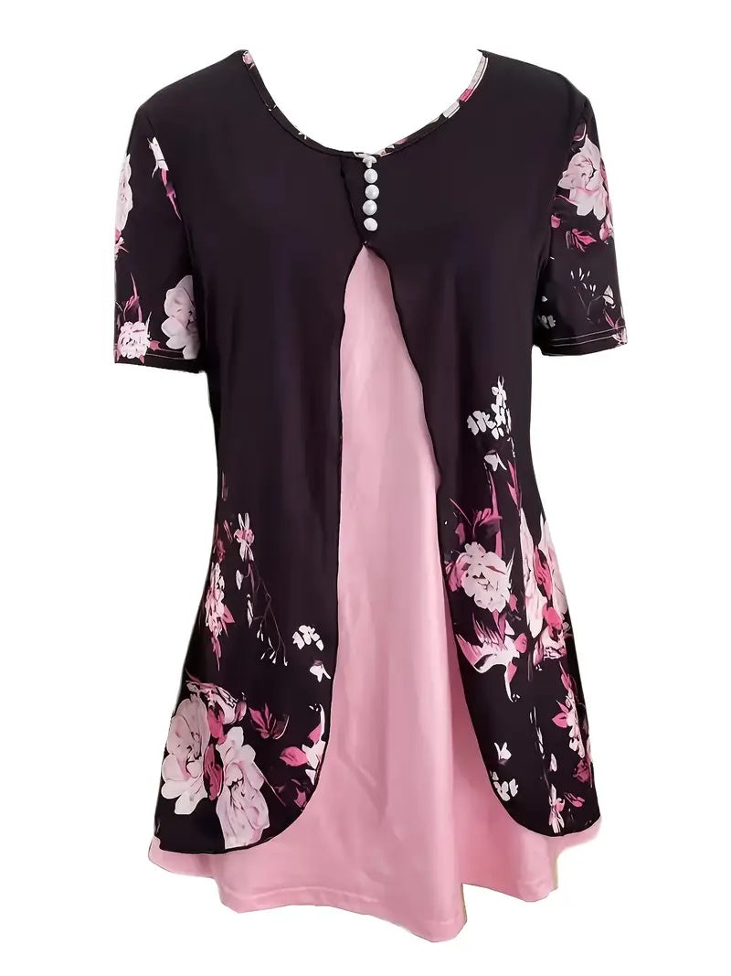 Women’s Printed Faux Two-Piece V-Neck Short Sleeve Top