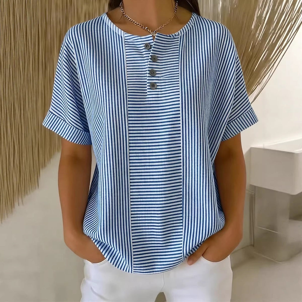 Women's Striped T-Shirt – V-Neck, Button Detail, Loose Fit