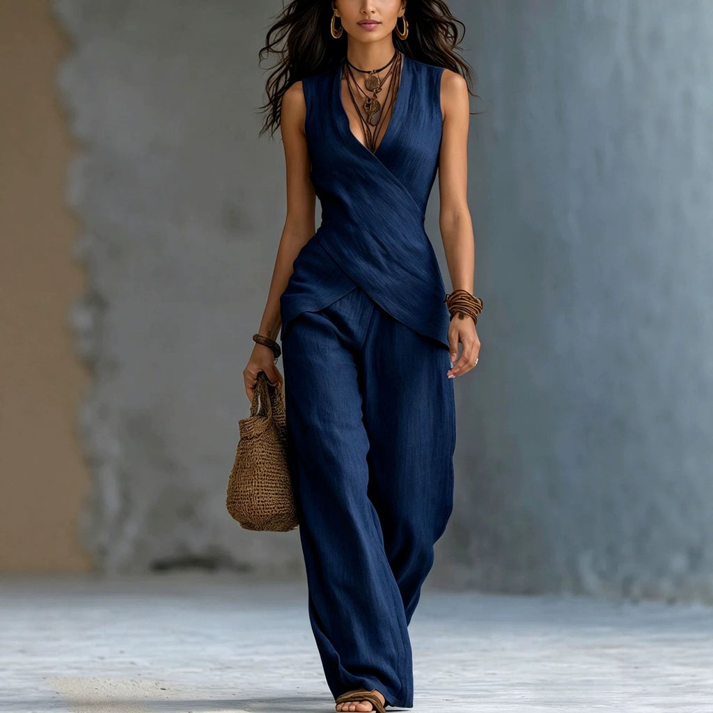 Women's V-Neck Crossover Tank Top & Casual Trousers Two-Piece Set