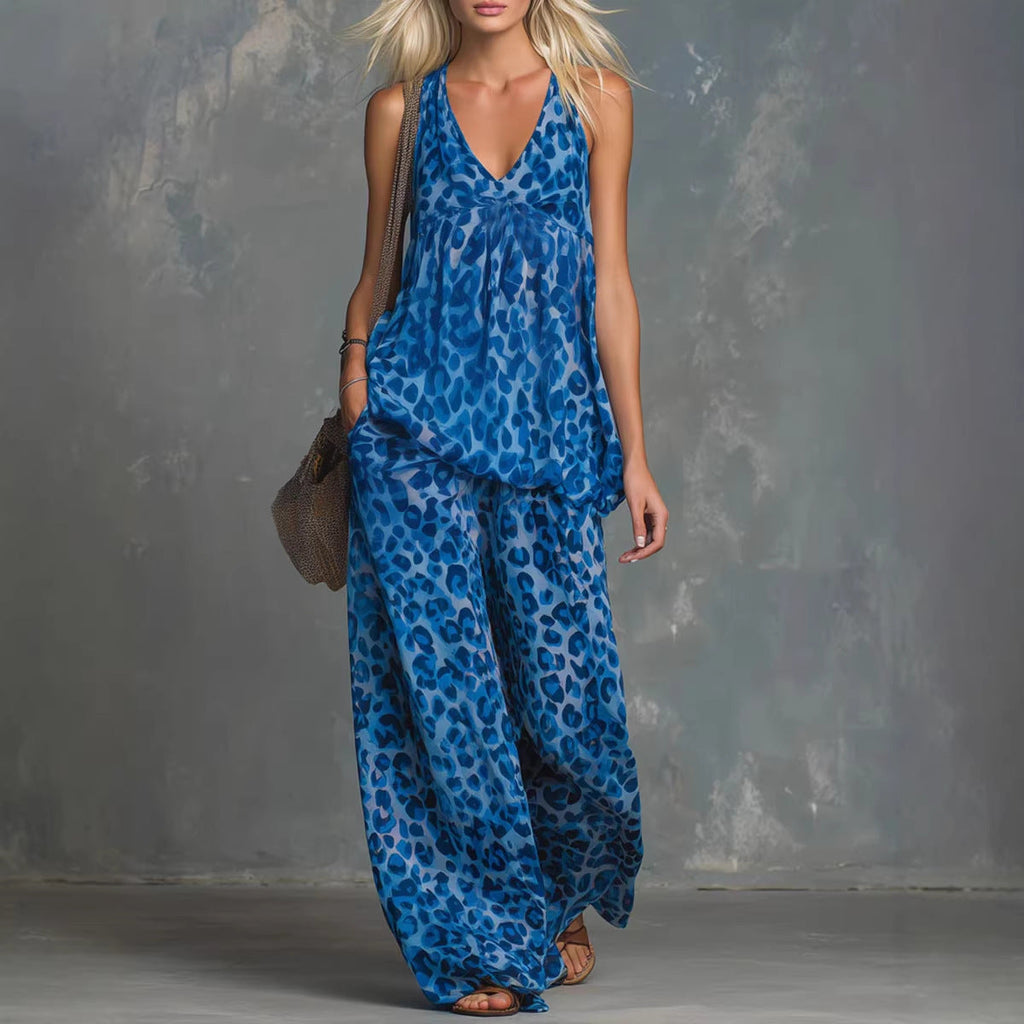 Women’s Leopard Print Sleeveless Top and Chiffon Pants Set