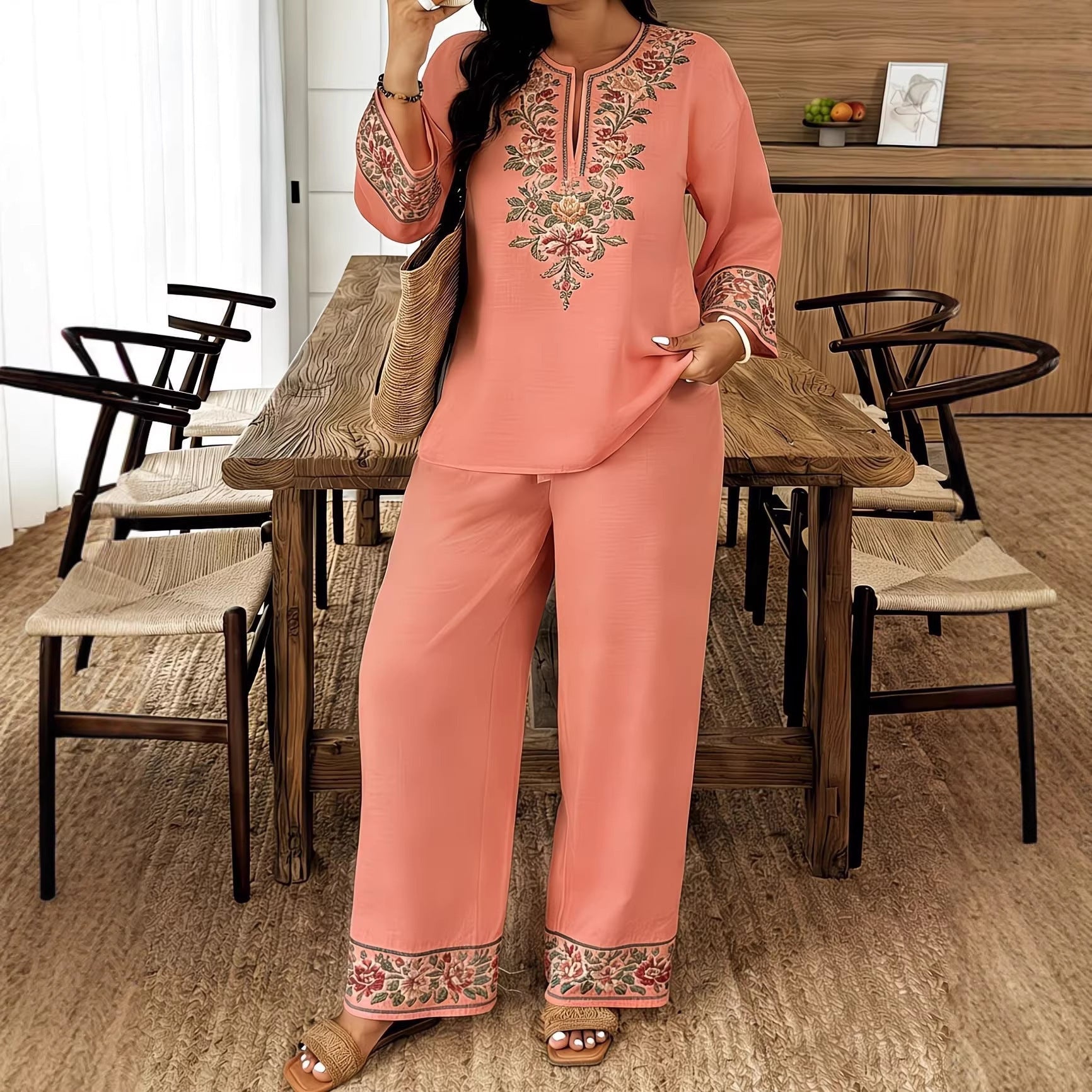 Women’s Ethnic Two Piece Set with Long Sleeve Shirt and Cropped Pants