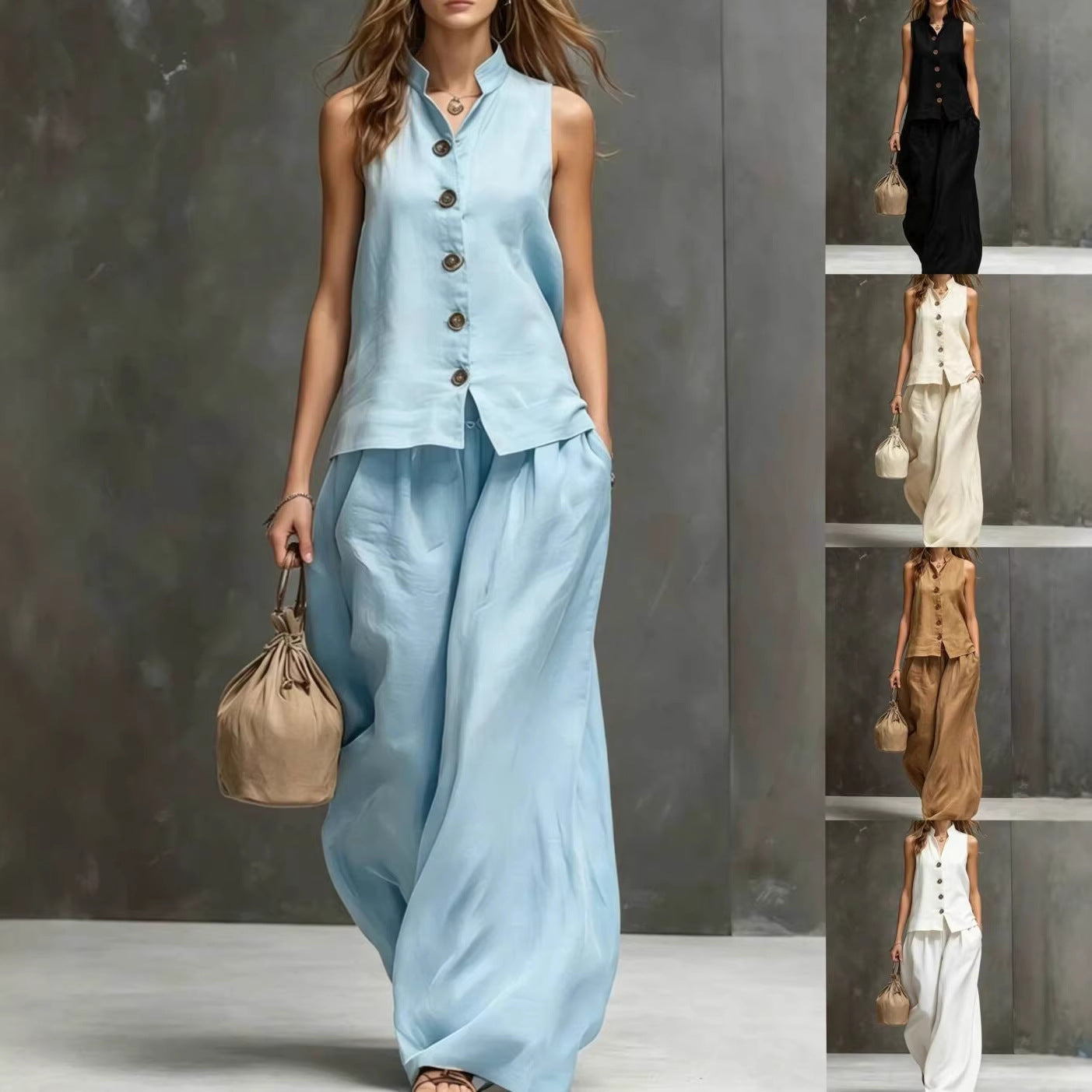 Women's Sleeveless Vest & Wide-Leg Pants Two-Piece Set – Cotton Linen