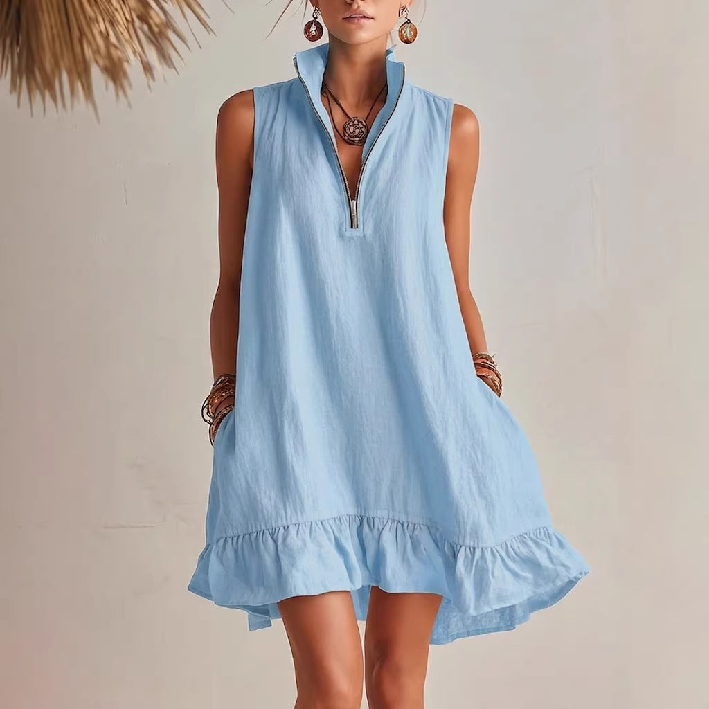 Women's Casual Loose Half-Zip Sleeveless Dress with Ruffle Hem