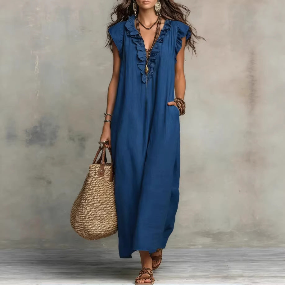 Women's Sleeveless Ruffle Pocket Maxi Dress