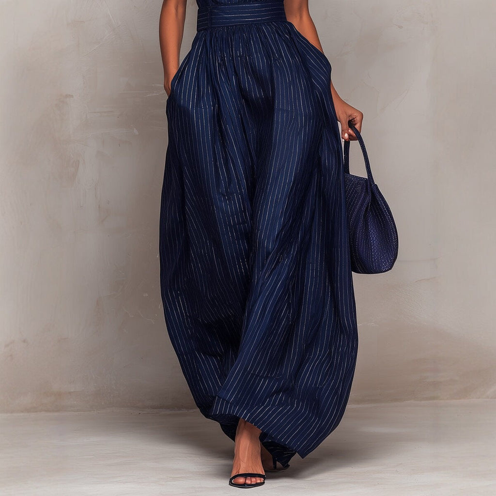 Women's Navy Blue Striped Sleeveless Wide-Leg Jumpsuit — High-Waist French Style