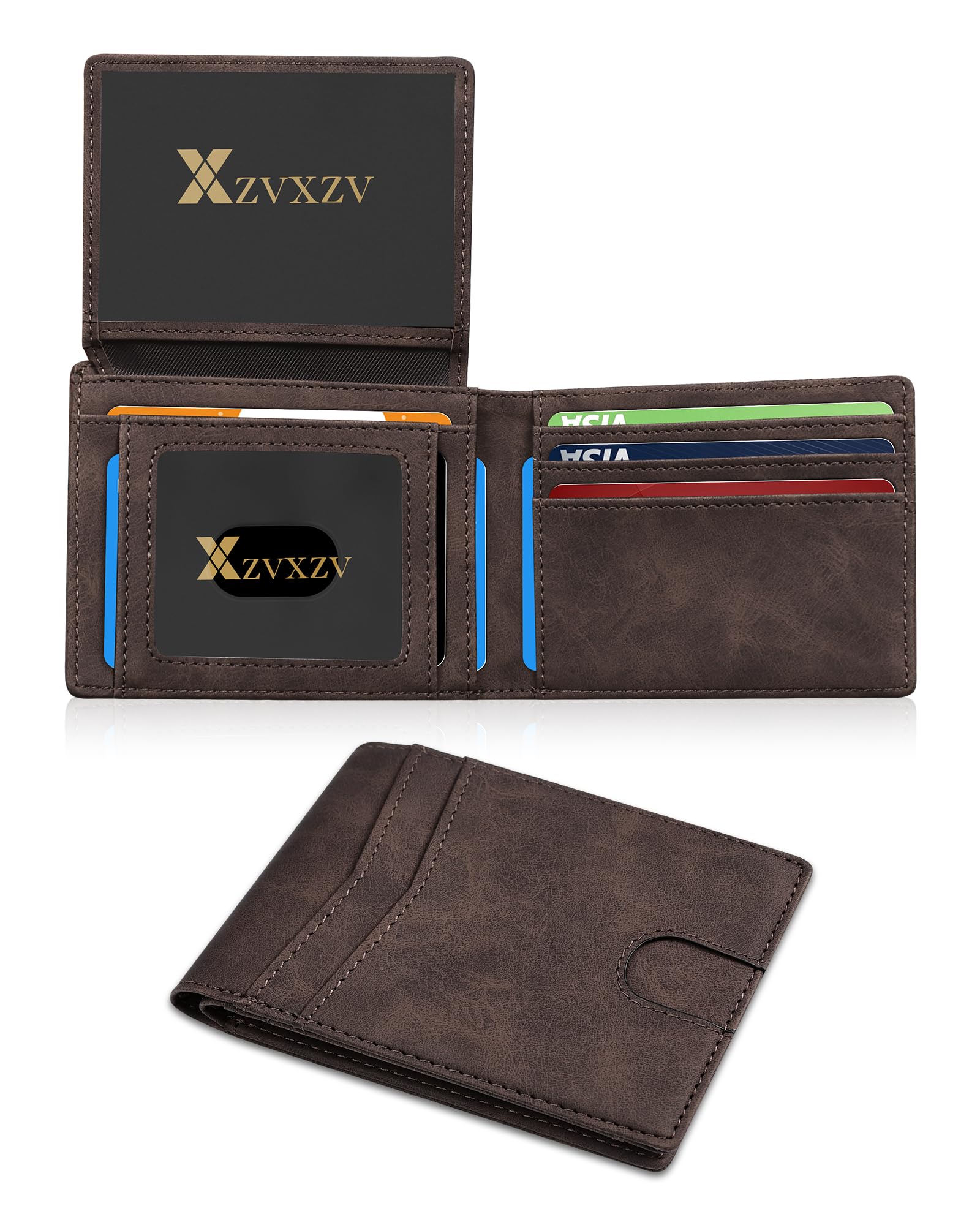 Cartera Ultrafina para Hombre, Billetera de Cuero con Bloqueo RFID, Bifold Elegante con Bolsillo Frontal Delgado Minimalista y 2 Ventanas para Identificación (Negro Carbón y Negro)