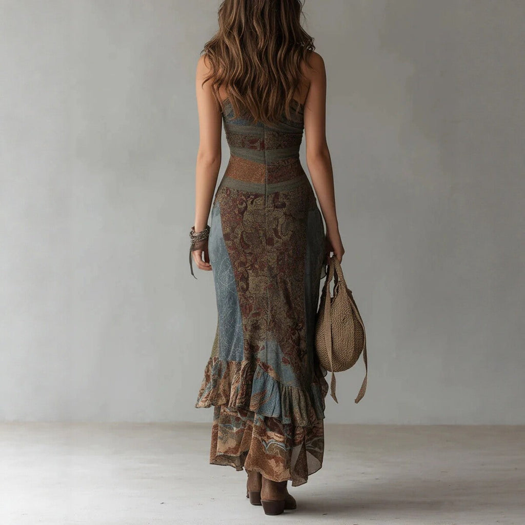 Retro Patchwork Print Asymmetric Slip Dress – High-Waist High-Slit Boho Maxi Dress