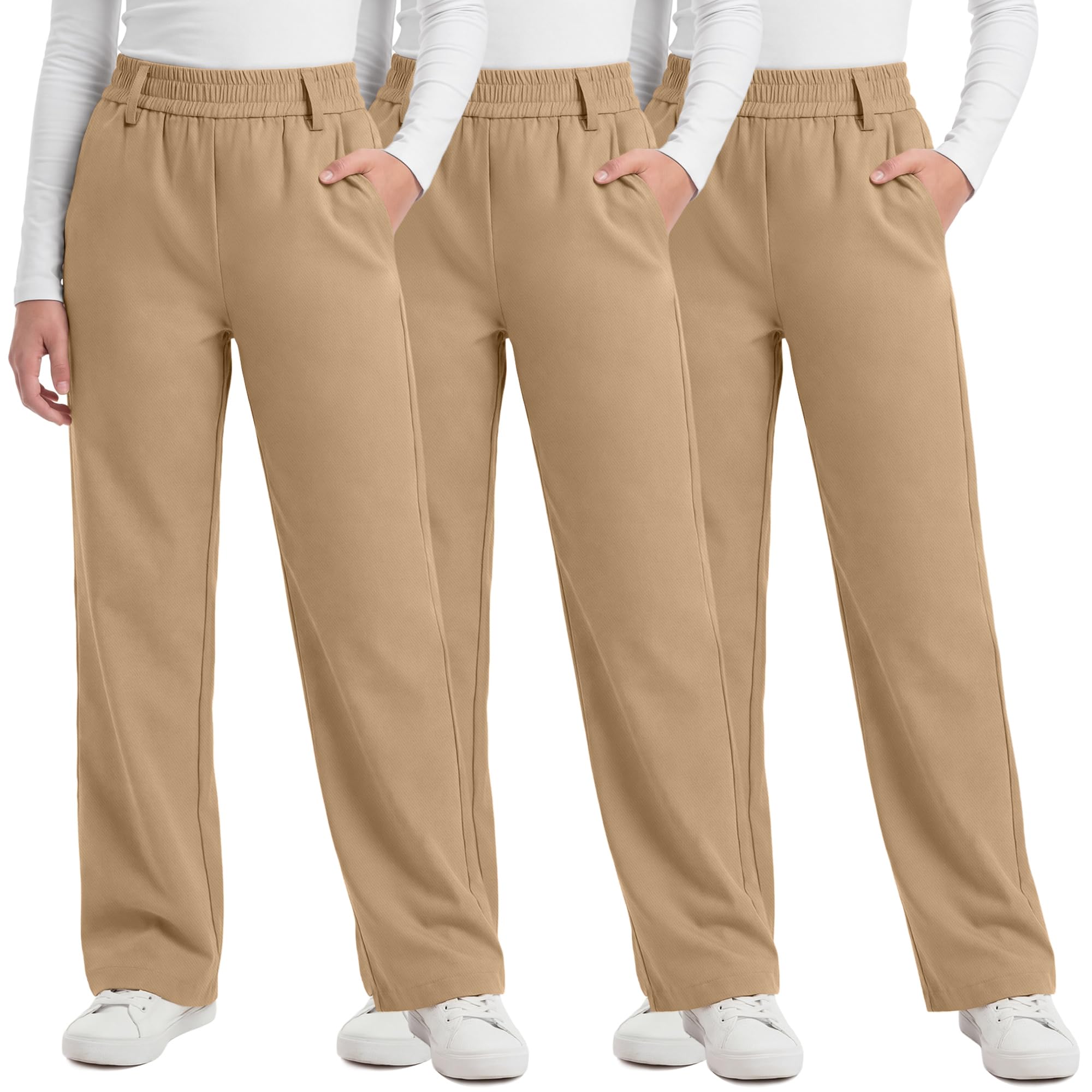 3 Pack Girls' School Uniform Pants | Kids Dress Pants, for 5-14Y Girls, Straight Fit, Elastic Waist, with Pockets, Twill Fabric, Belt Loops, Daily, School, Formal