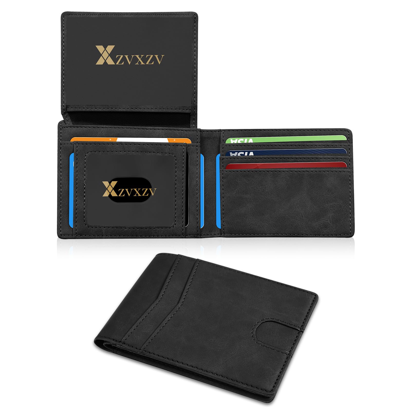 Cartera Ultrafina para Hombre, Billetera de Cuero con Bloqueo RFID, Bifold Elegante con Bolsillo Frontal Delgado Minimalista y 2 Ventanas para Identificación (Negro Carbón y Negro)