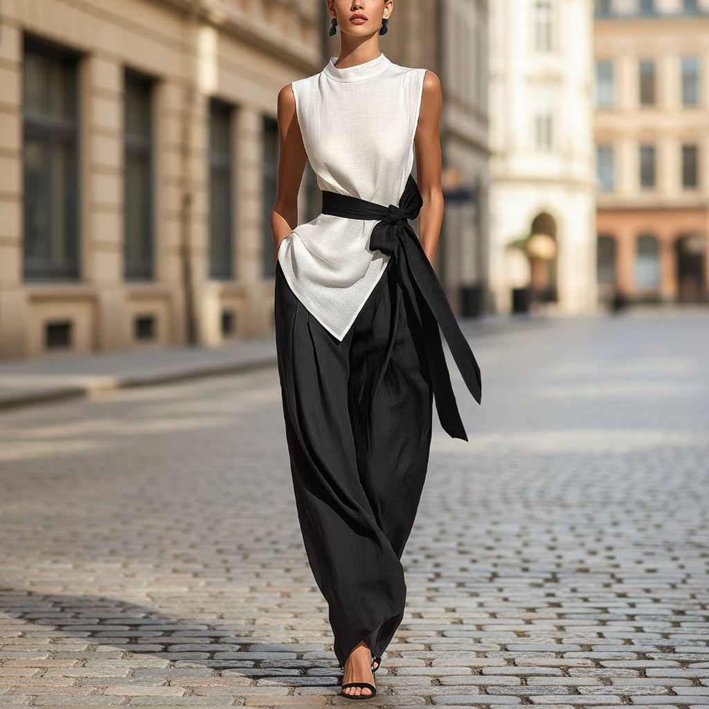 Women's Lace-Up Sleeveless Top & Wide-Leg Pants Two-Piece Set – White