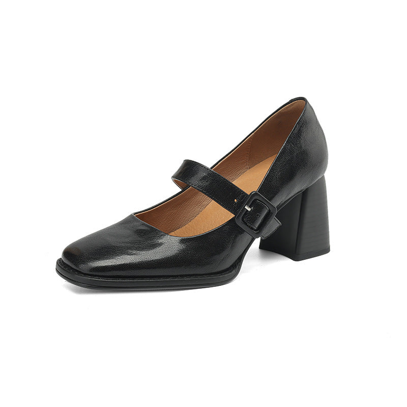 Women's Sheepskin Mary Jane Heels – Square Toe Chunky Heel Buckle Pumps