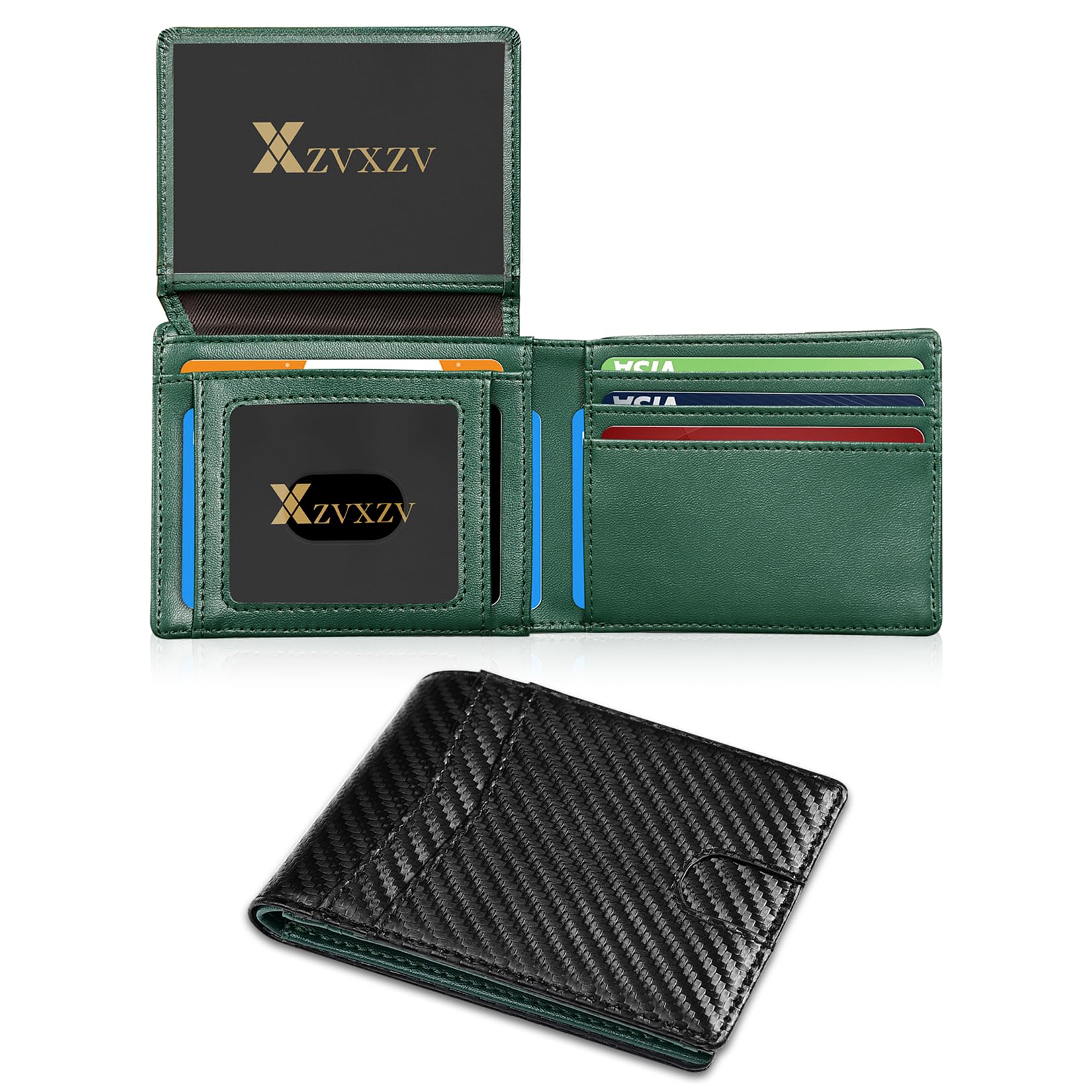 Cartera Ultrafina para Hombre, Billetera de Cuero con Bloqueo RFID, Bifold Elegante con Bolsillo Frontal Delgado Minimalista y 2 Ventanas para Identificación (Negro Carbón y Negro)
