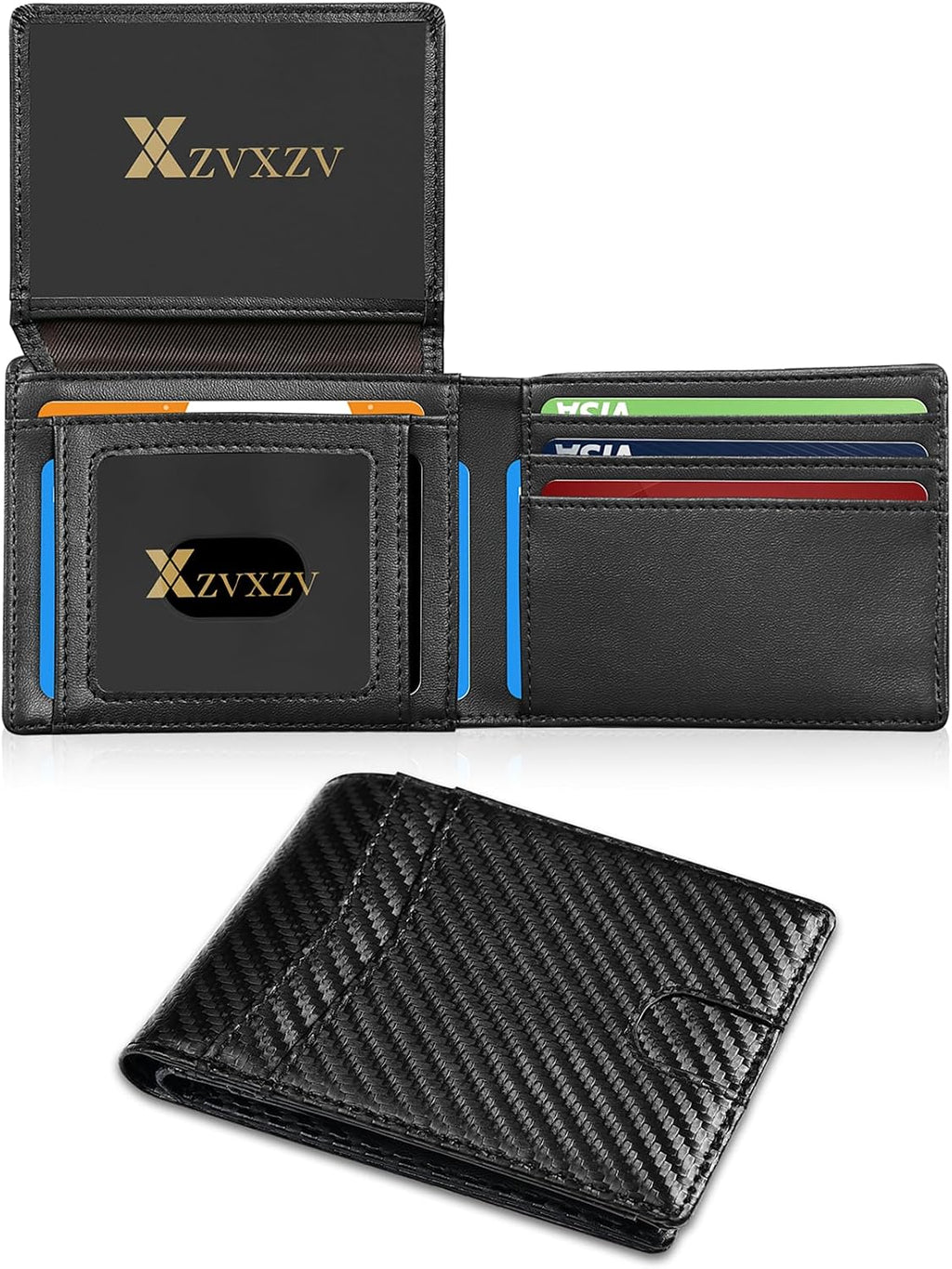 Men's Ultra Thin Wallet Leather RFID Blocking Bifold Stylish Wallet with Slim Minimalist Front Pocket 2 ID Windows (Carbon Black&Black)