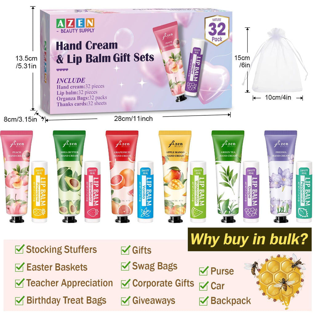 AZEN 8 Sets Bulk Gifts, Hand Cream and Lip Balm Bulk Set with Organza Bag Thank You Card, Baby Shower Wedding Gifts for Guests, Bridal Wedding Favors for Guests,Thank You Gift for Women