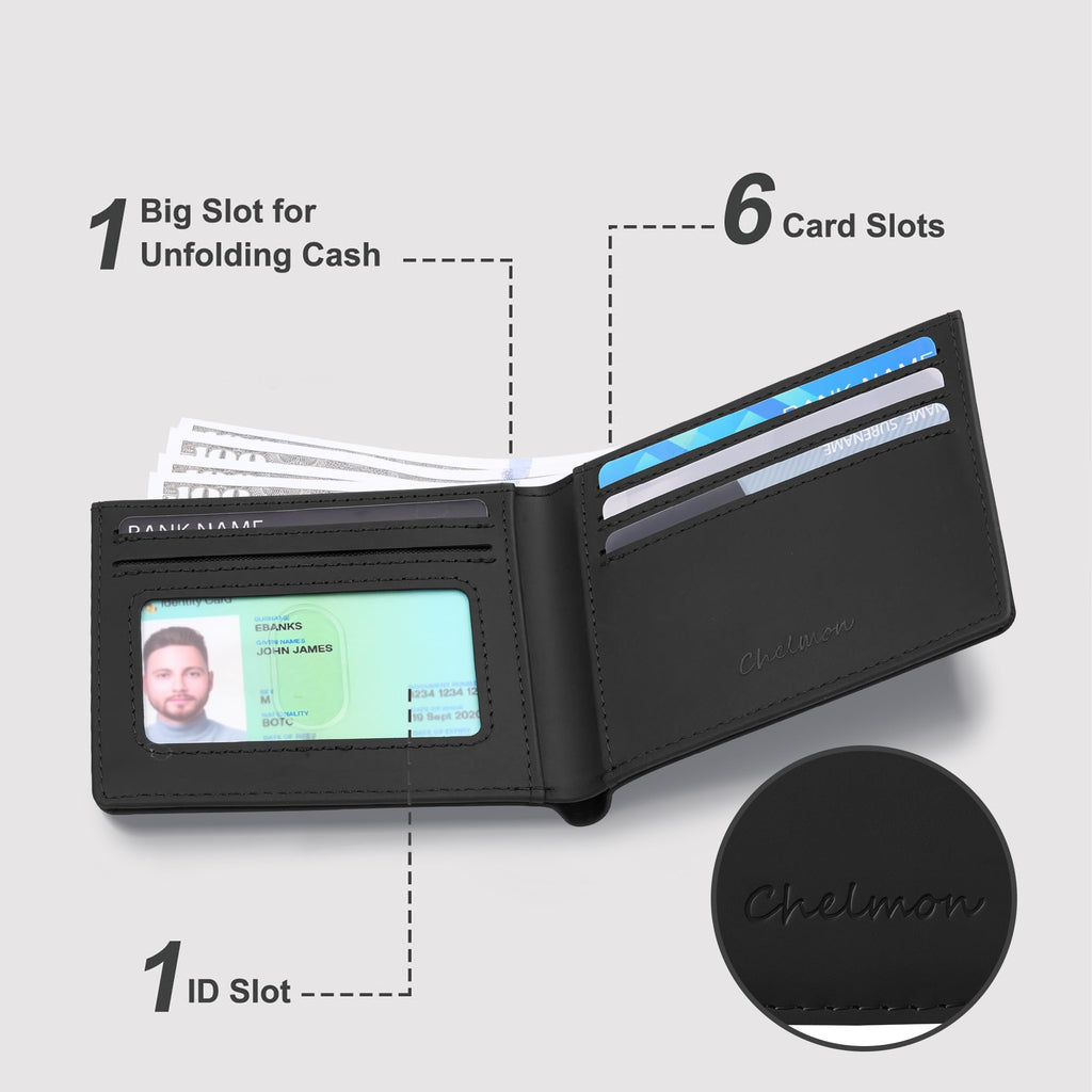 Chelmon Slim Wallet for Men ID Window with RFID Blocking Front Pocket Minimalist Bifold Bussiness Card Holder Gift for Men