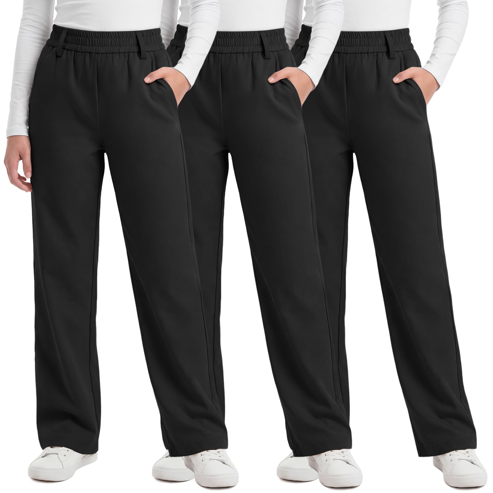 3 Pack Girls' School Uniform Pants | Kids Dress Pants, for 5-14Y Girls, Straight Fit, Elastic Waist, with Pockets, Twill Fabric, Belt Loops, Daily, School, Formal