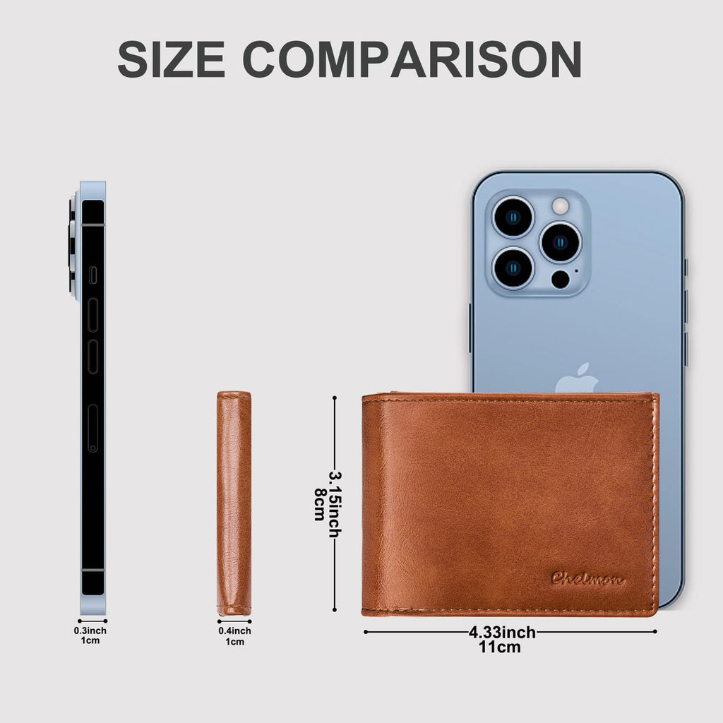 Chelmon Slim Wallet for Men ID Window with RFID Blocking Front Pocket Minimalist Bifold Bussiness Card Holder Gift for Men