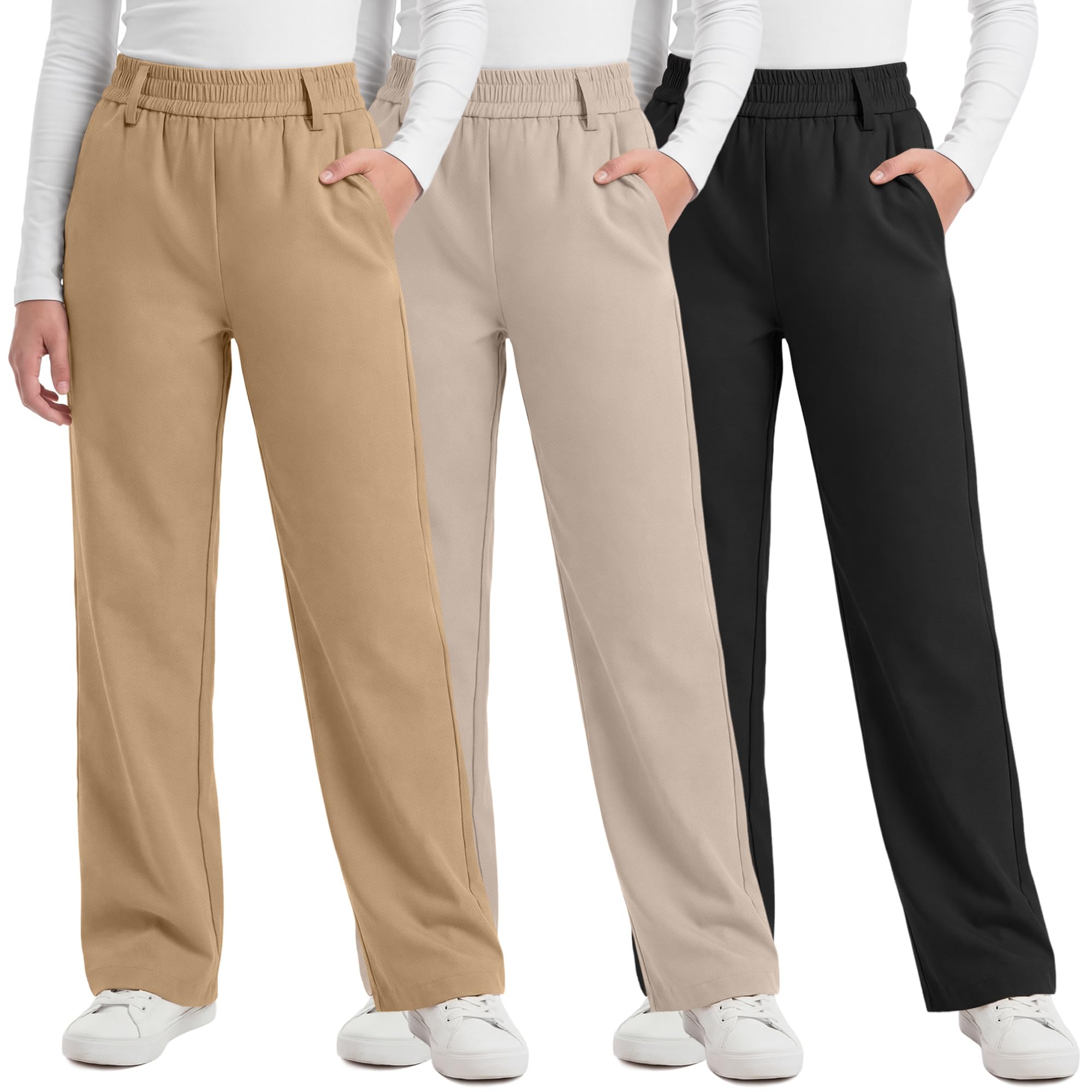 3 Pack Girls' School Uniform Pants | Kids Dress Pants, for 5-14Y Girls, Straight Fit, Elastic Waist, with Pockets, Twill Fabric, Belt Loops, Daily, School, Formal