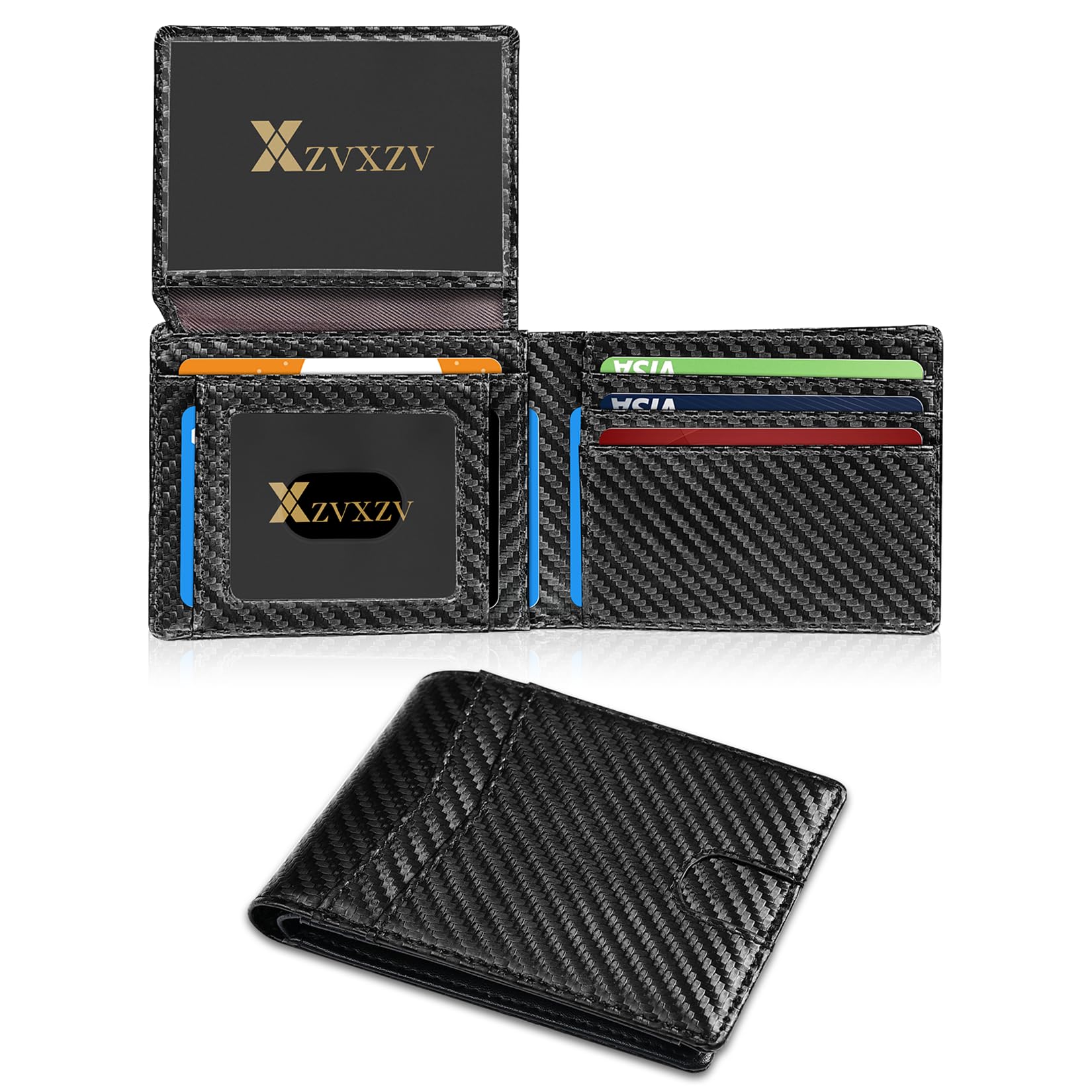 Cartera Ultrafina para Hombre, Billetera de Cuero con Bloqueo RFID, Bifold Elegante con Bolsillo Frontal Delgado Minimalista y 2 Ventanas para Identificación (Negro Carbón y Negro)