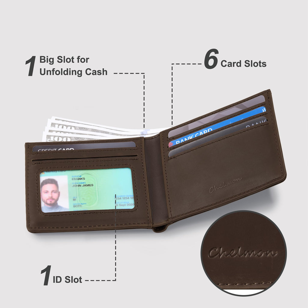 Chelmon Slim Wallet for Men ID Window with RFID Blocking Front Pocket Minimalist Bifold Bussiness Card Holder Gift for Men