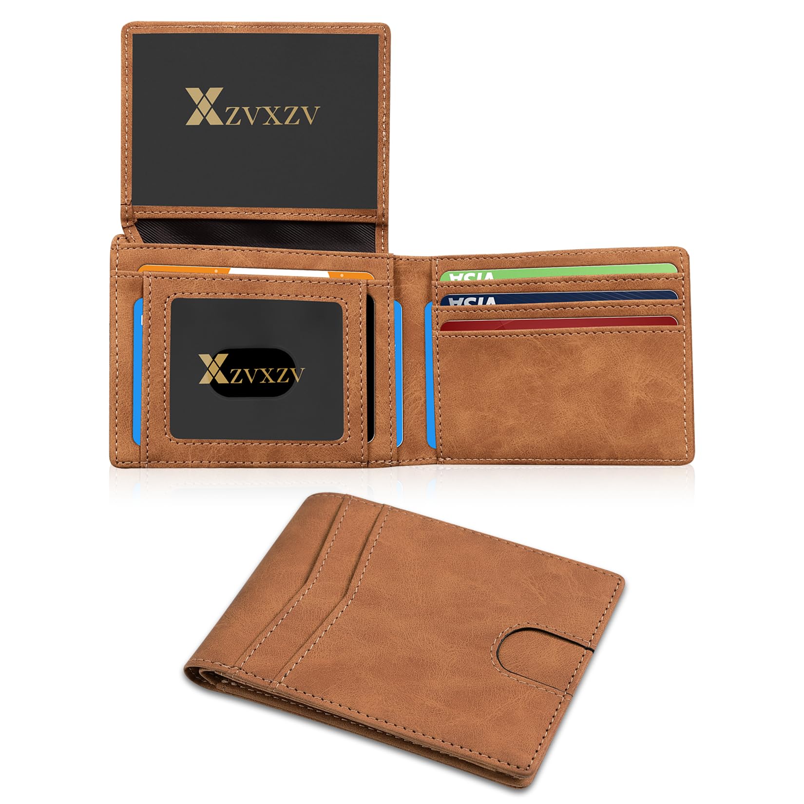 Cartera Ultrafina para Hombre, Billetera de Cuero con Bloqueo RFID, Bifold Elegante con Bolsillo Frontal Delgado Minimalista y 2 Ventanas para Identificación (Negro Carbón y Negro)