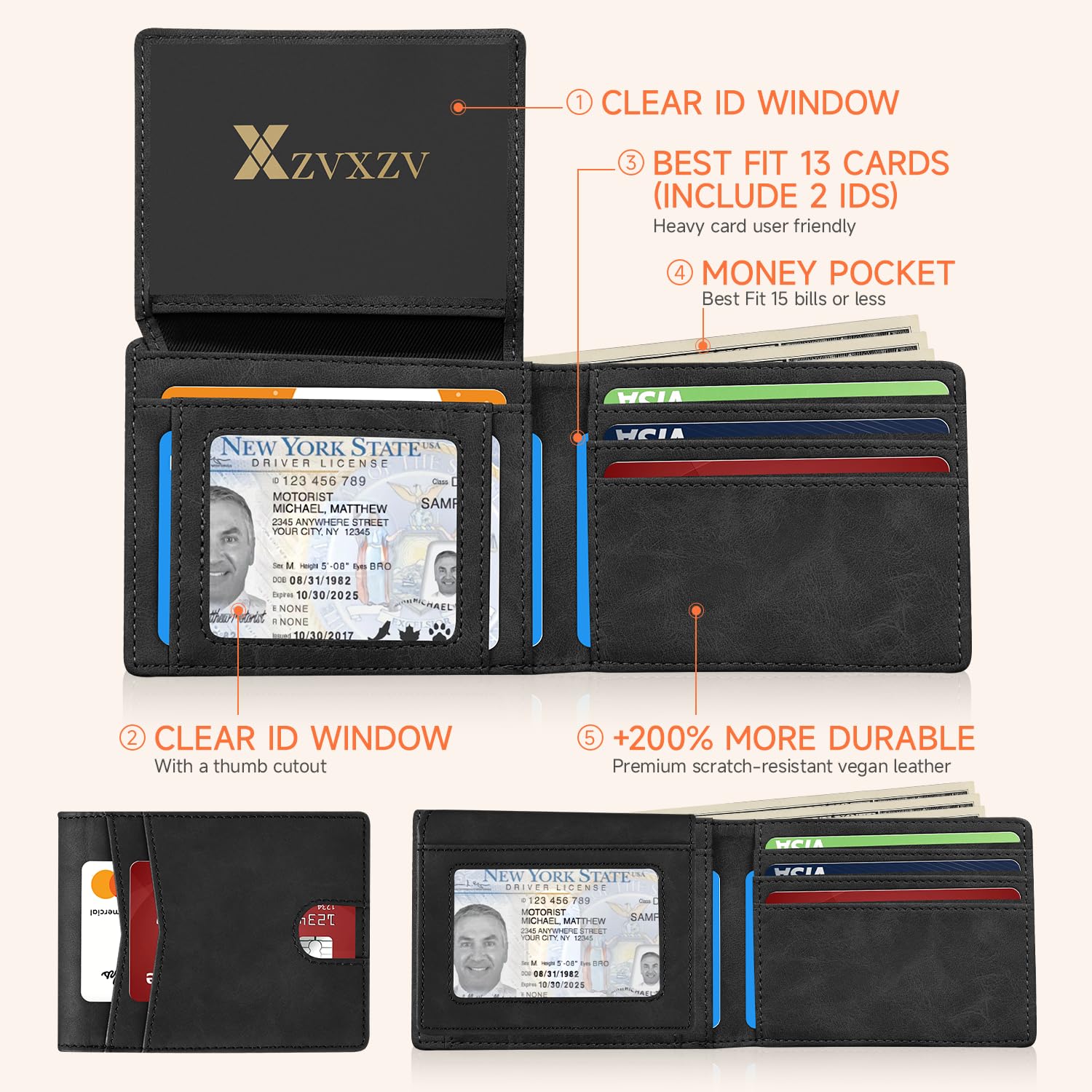 Men's Ultra Thin Wallet Leather RFID Blocking Bifold Stylish Wallet with Slim Minimalist Front Pocket 2 ID Windows (Carbon Black&Black)