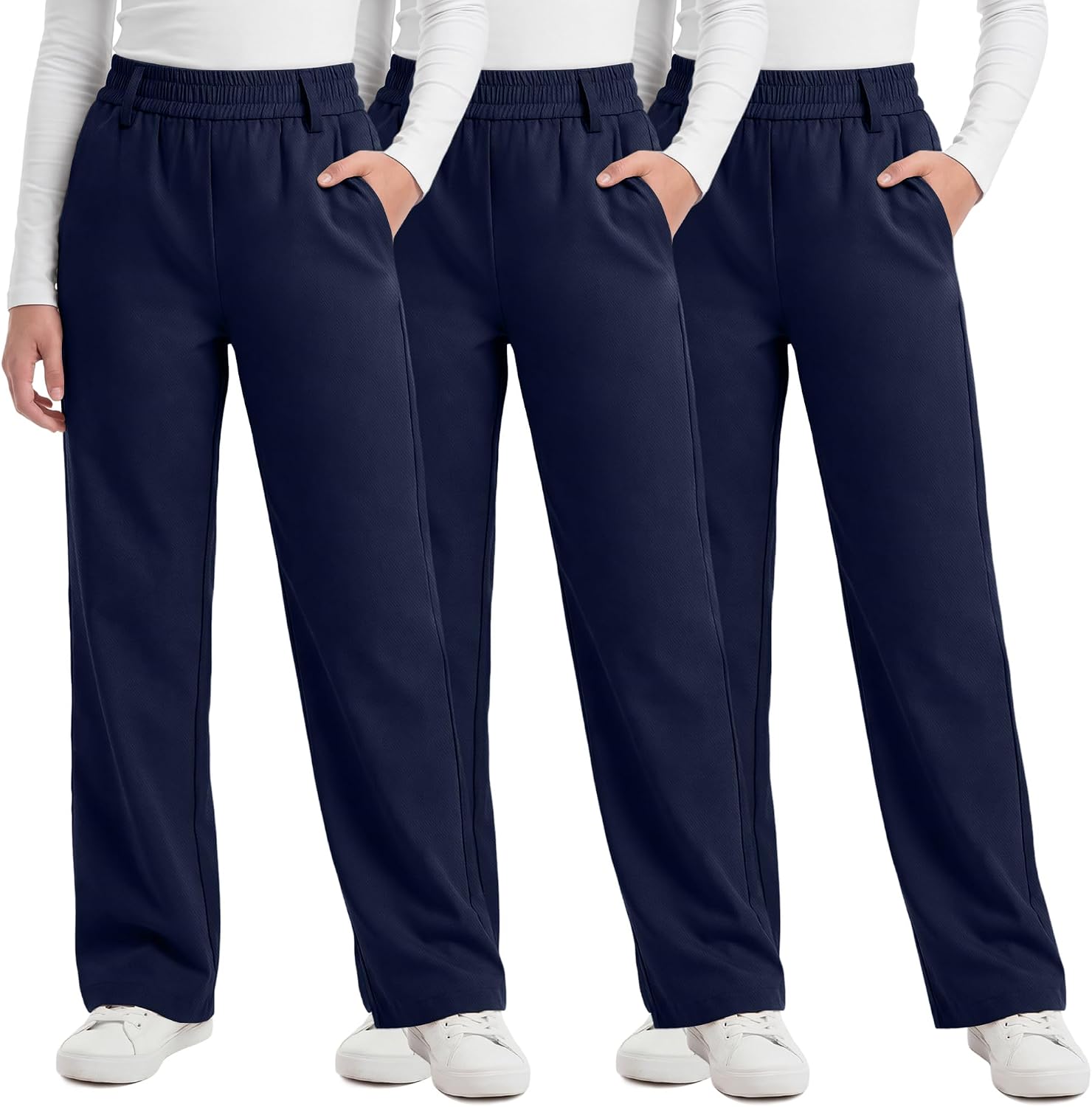 3 Pack Girls' School Uniform Pants | Kids Dress Pants, for 5-14Y Girls, Straight Fit, Elastic Waist, with Pockets, Twill Fabric, Belt Loops, Daily, School, Formal