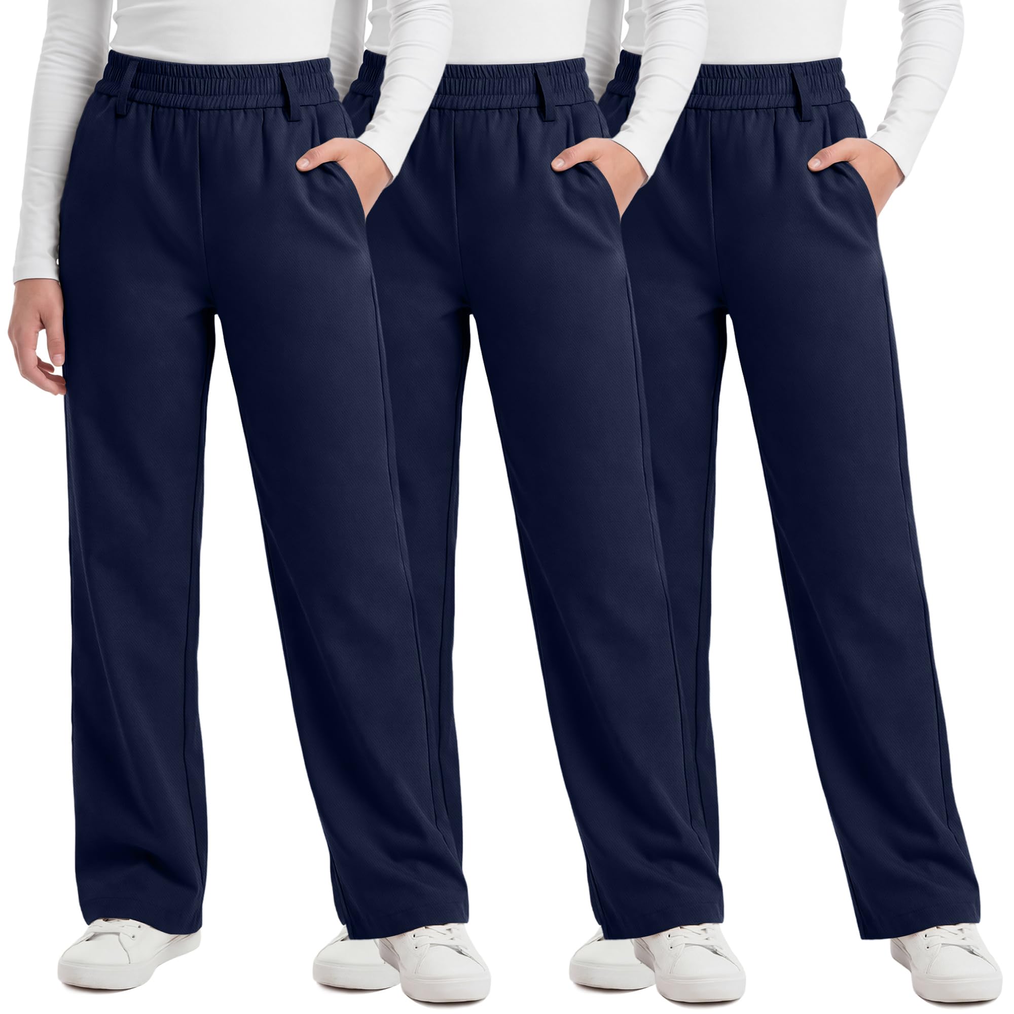 3 Pack Girls' School Uniform Pants | Kids Dress Pants, for 5-14Y Girls, Straight Fit, Elastic Waist, with Pockets, Twill Fabric, Belt Loops, Daily, School, Formal