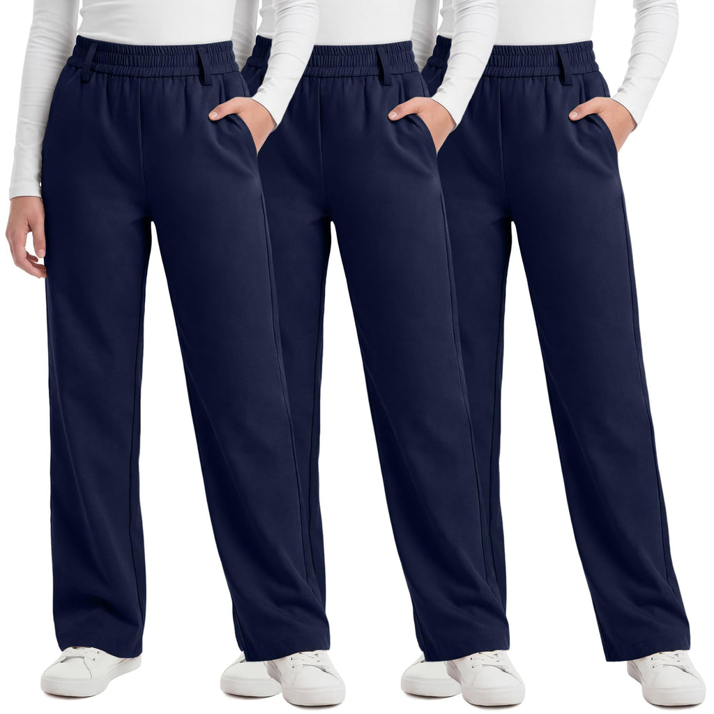 3 Pack Girls' School Uniform Pants | Kids Dress Pants, for 5-14Y Girls, Straight Fit, Elastic Waist, with Pockets, Twill Fabric, Belt Loops, Daily, School, Formal