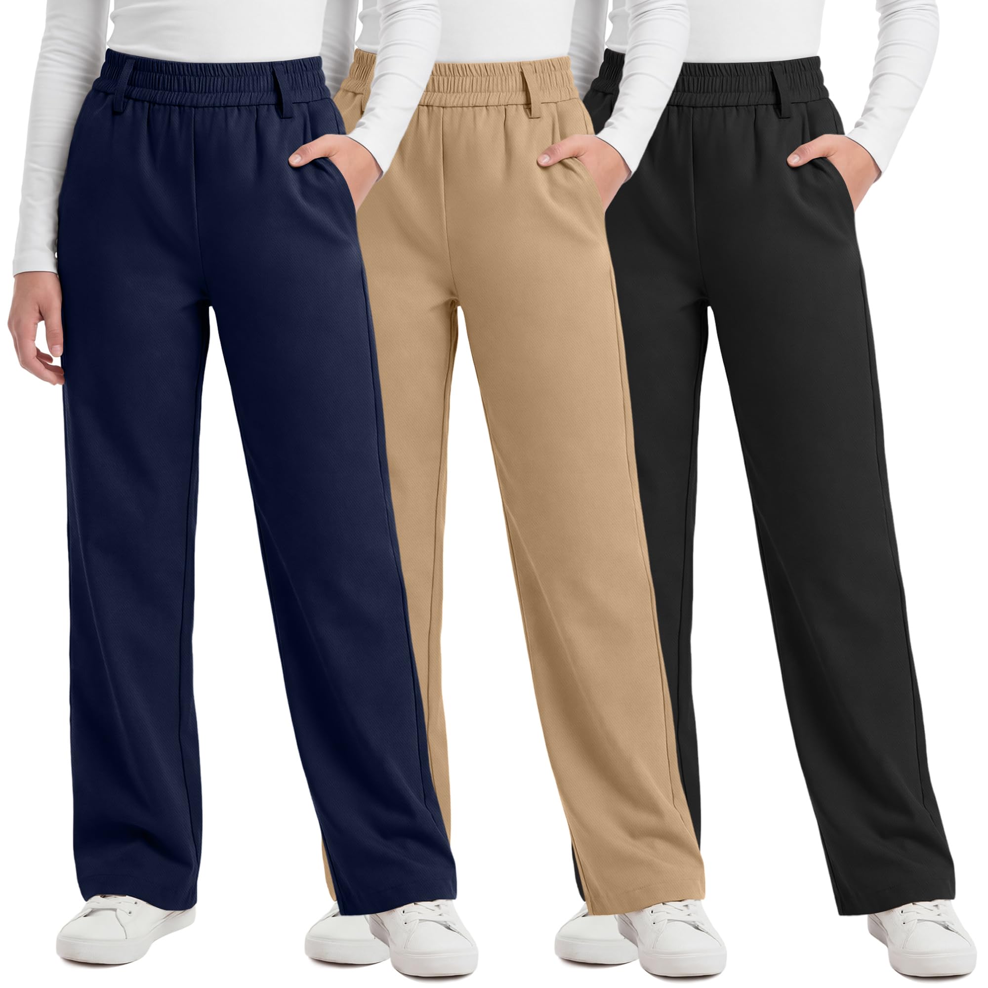 3 Pack Girls' School Uniform Pants | Kids Dress Pants, for 5-14Y Girls, Straight Fit, Elastic Waist, with Pockets, Twill Fabric, Belt Loops, Daily, School, Formal