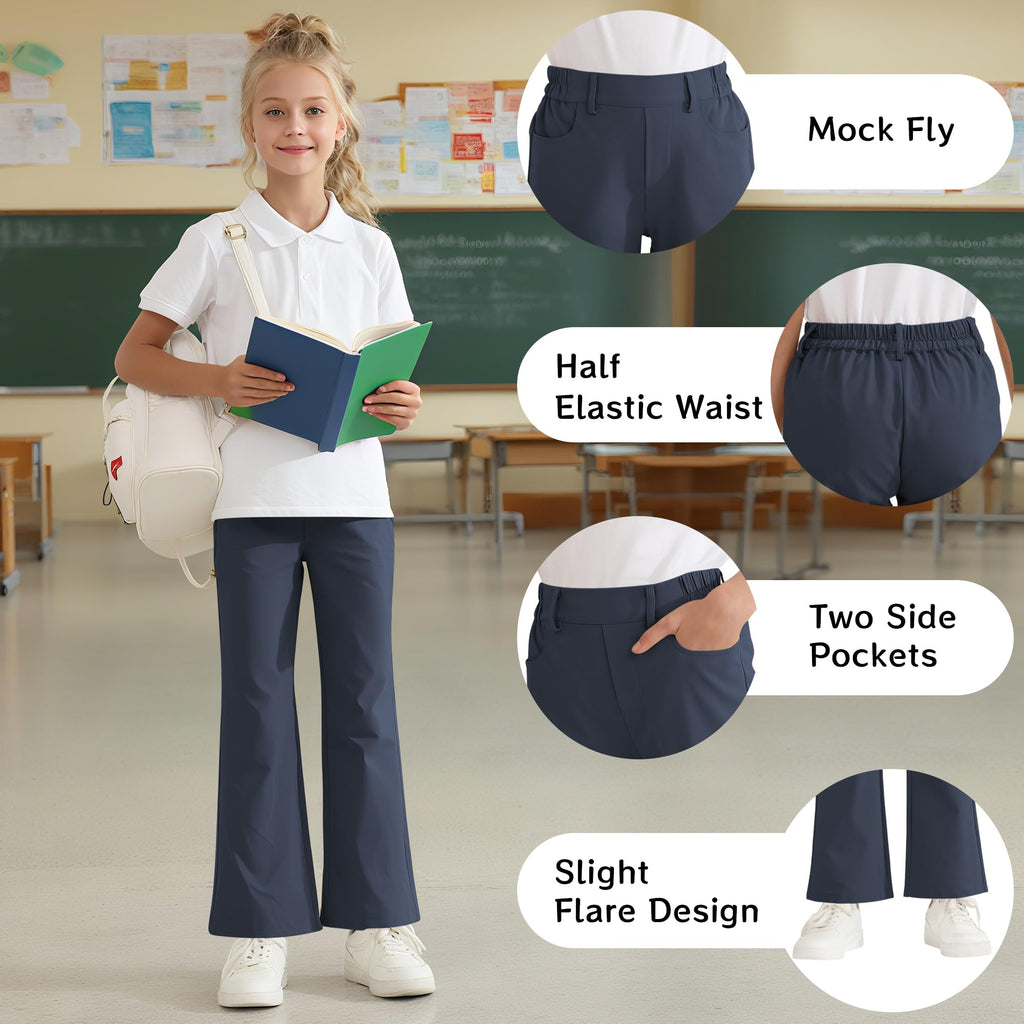 Girls Flare Dress Pants, Bootcut School Uniform Slacks Size 6-15 Years | Half Elastic Waistband, Mock Fly, Belt Loops and Side Pockets for School Uniforms and Everyday Wear