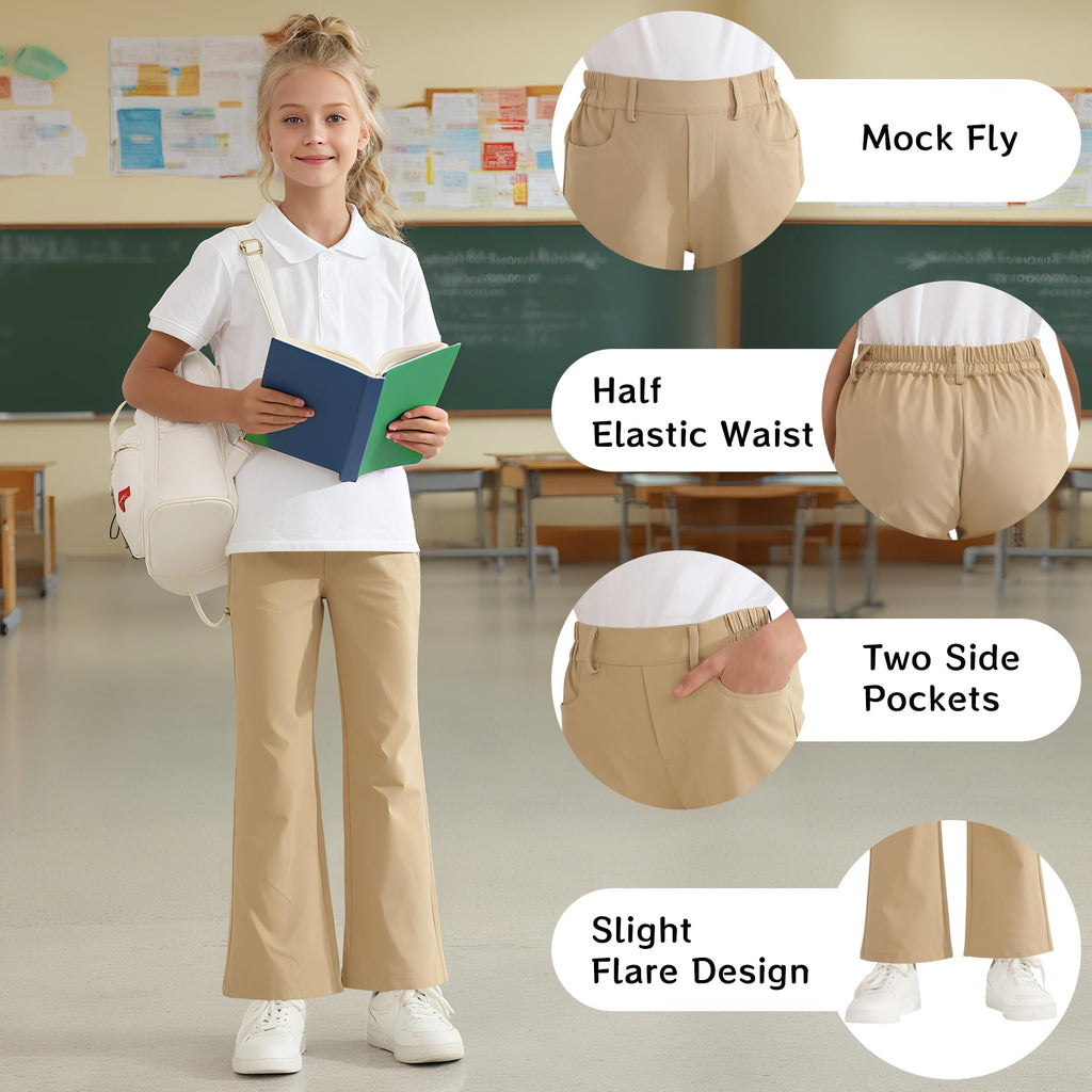 Girls Flare Dress Pants, Bootcut School Uniform Slacks Size 6-15 Years | Half Elastic Waistband, Mock Fly, Belt Loops and Side Pockets for School Uniforms and Everyday Wear
